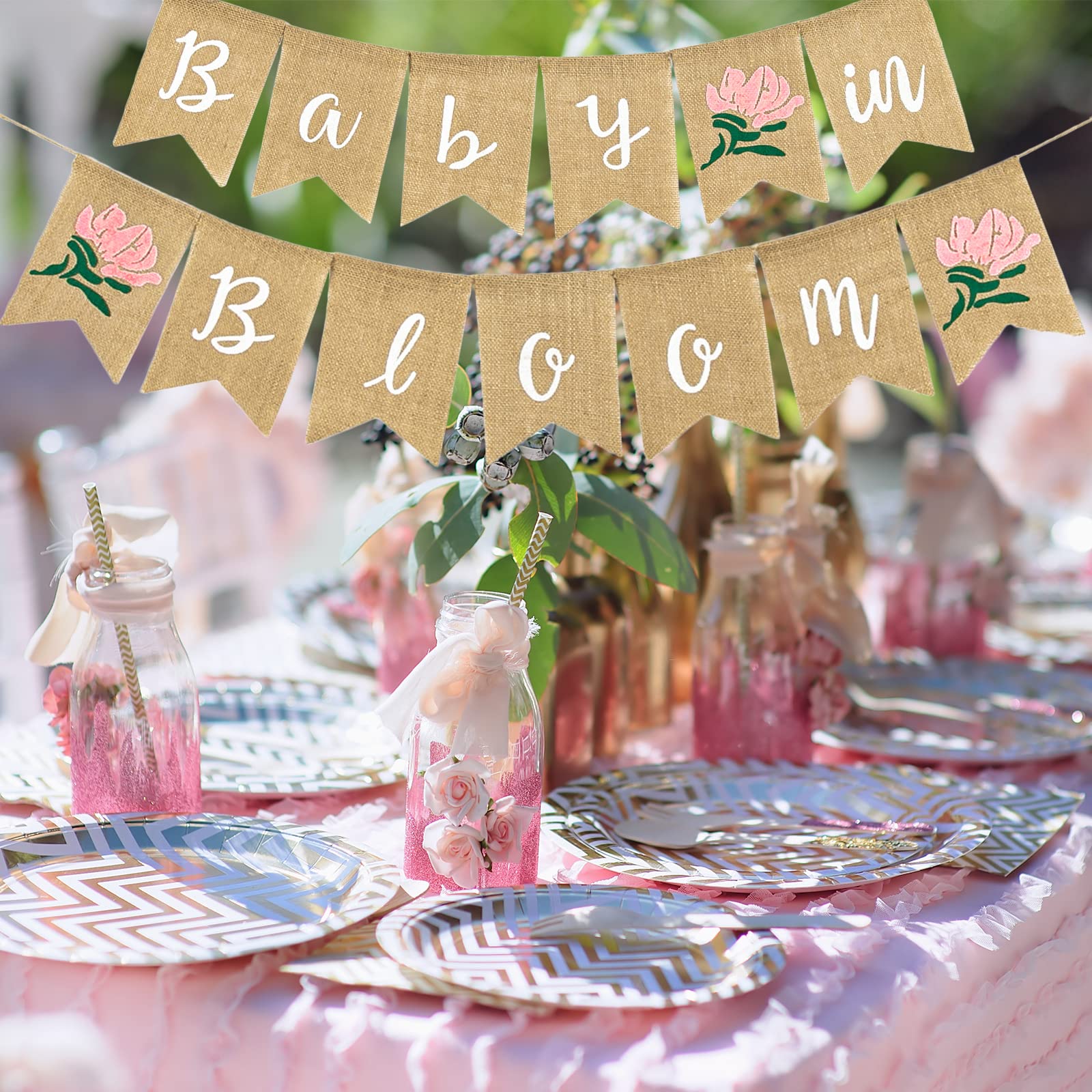Whaline Baby in Bloom Burlap Banner with Pink Flower Rustic Bunting