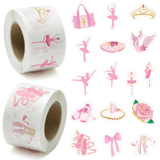 BeYumi 1000Pcs Ballet Dance Themed Stickers in 2 Rolls Pink Dacing