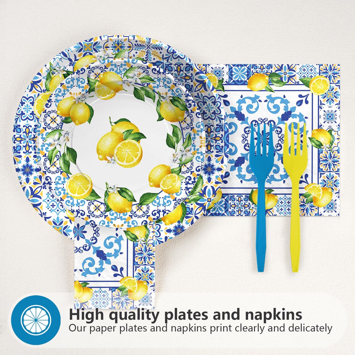 96Pcs Capri Lemon Party Supplies Blue Tiles Yellow Lemon Plates and