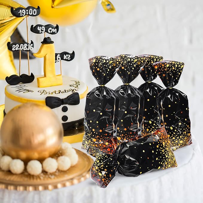 Censen 100 Pieces Graduation Cellophane Treat Bags Black and Gold