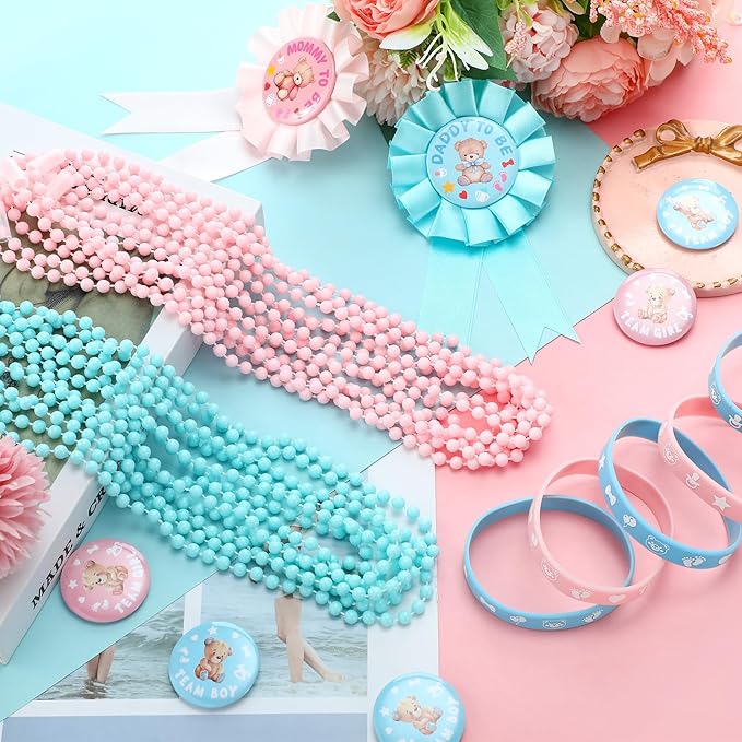 92 Pieces Gender Reveal Party Favors 30 Button Pins 30 Silicone
