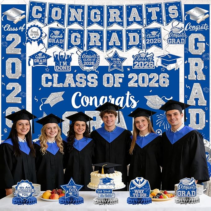 Graduation Decorations Class of 2026, Blue and Silver Graduation