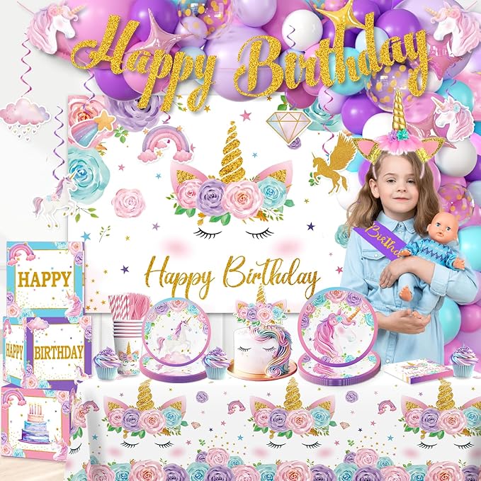 cocomigo 246PCS Unicorn Birthday Decorations Set All in One Party