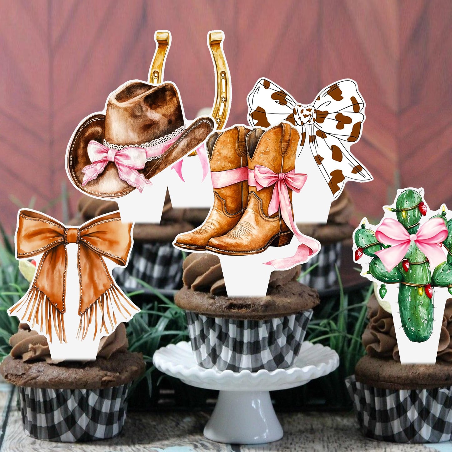 Western Cowgirl Bow Cupcake Toppers 48Pcs Brown Pink Cowgirls Birthday