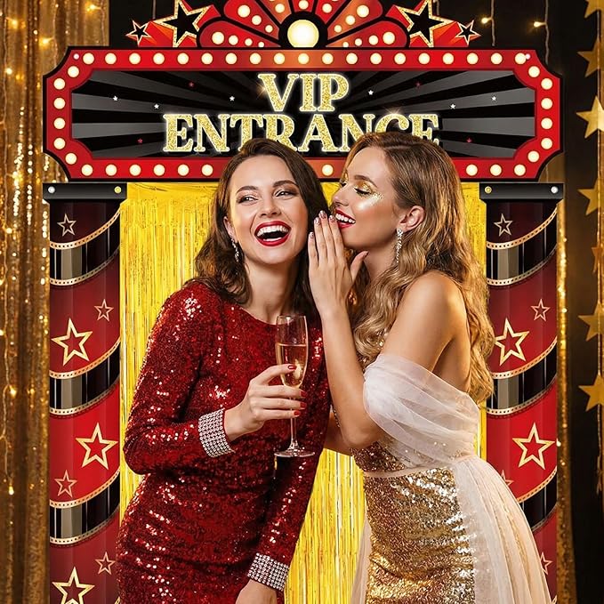 5 Pcs Movie Night Party Decorations with Gold Foil Curtain Backdrop