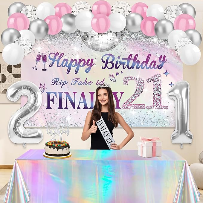 21st Birthday Decorations for Her with Finally 21 Banner Iridescence