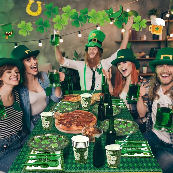 194 Pcs St Patricks Day Paper Plates & Napkins Green Shamrock Paper
