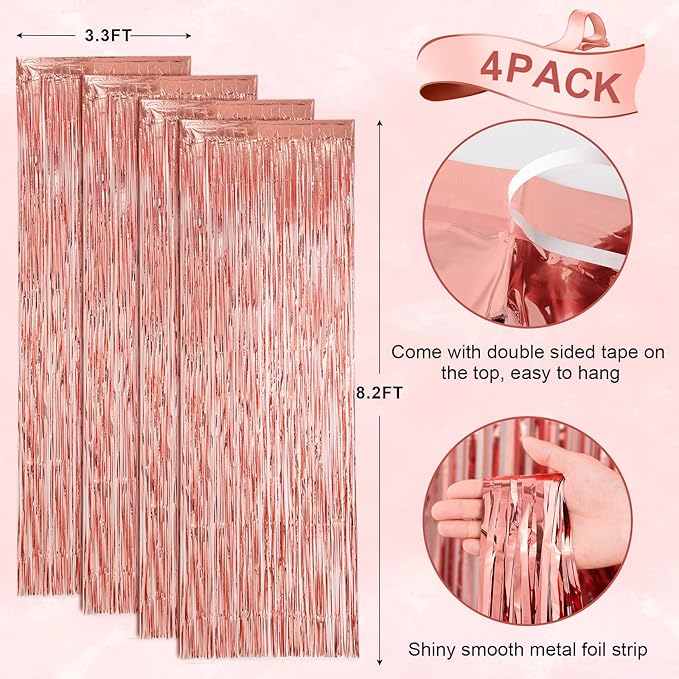 Voircoloria 4 Pack Rose Gold Foil Fringe Backdrop Curtains, Tinsel