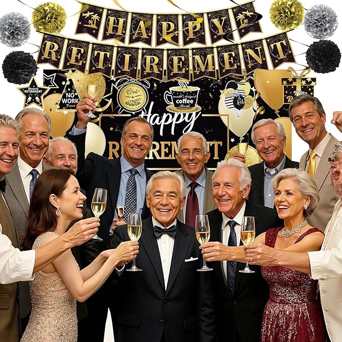 Retirement Party Decorations Includes Banner, Backdrop, Cake Topper,