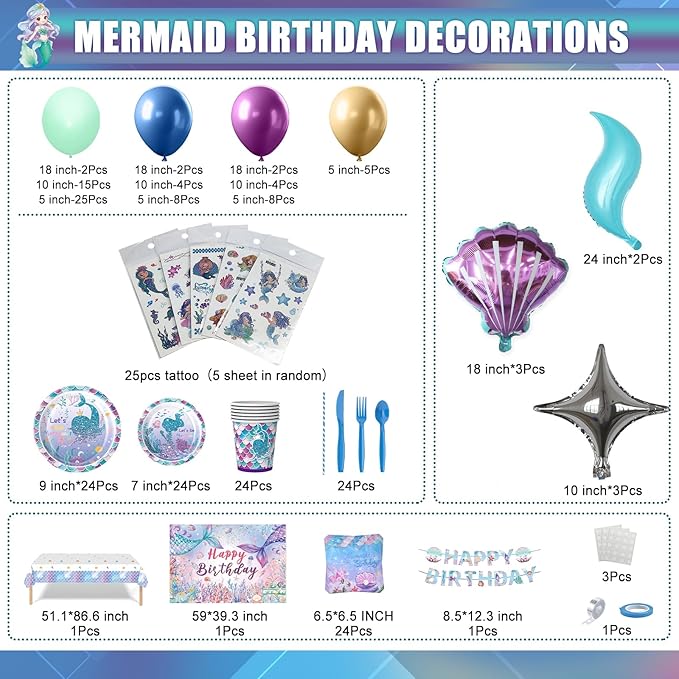 308Pcs Mermaid Birthday Party Decorations Set Serves 24 Includes