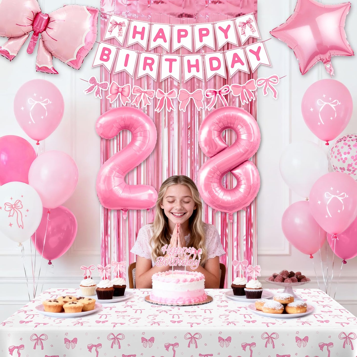 28th Pink Birthday Decorations for Women, Pink Bow Coquette Birthday