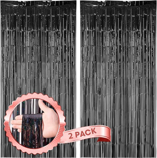 Voircoloria 2 Pack Laser Black Foil Fringe Backdrop Curtains, Tinsel