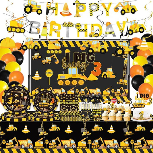 162 Pcs Construction 3rd Birthday Party Supplies Dump Truck Three