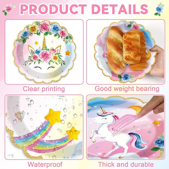 96Pcs Unicorn Party Plates and Napkins Rainbow Unicorn Birthday