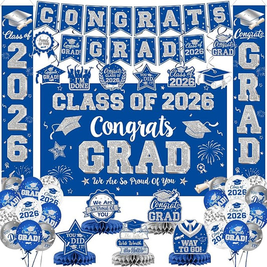 Graduation Decorations Class of 2026, Blue and Silver Graduation