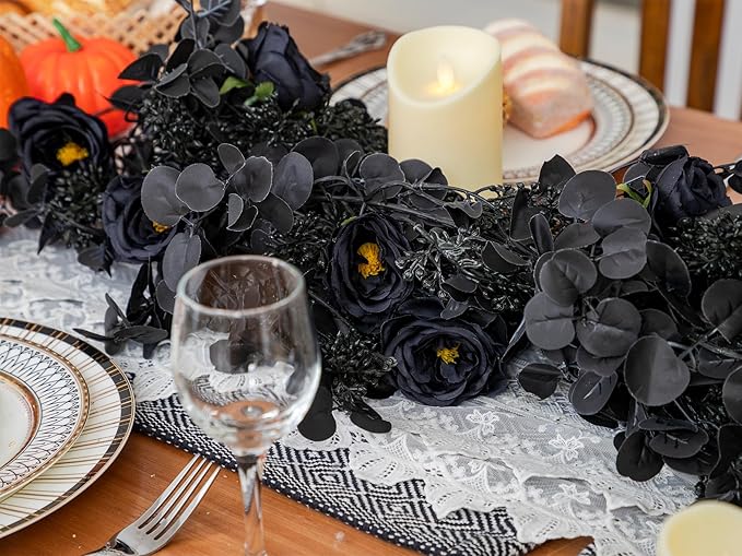 6FT Black Halloween Garland with 10 Black Rose and Berries