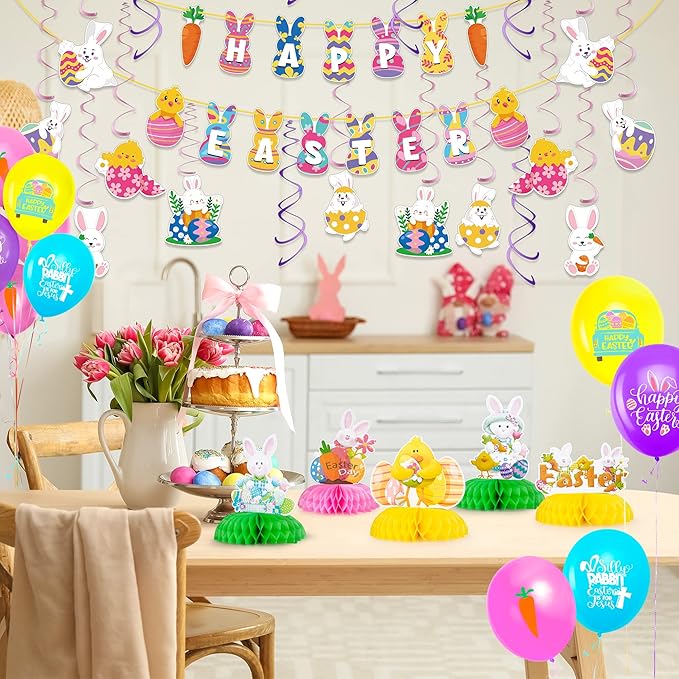 55PCS Easter Decorations HAPPY EASTER Banner 16PCS Easter Balloons