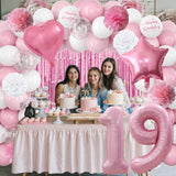 19th Birthday Decorations for Girls Pink Number 19 Balloon Bow