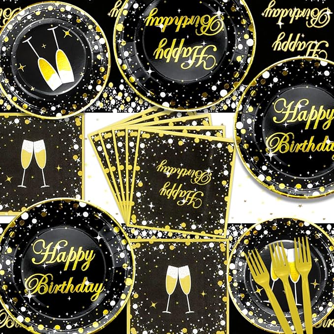 81 Pieces Black and Gold Party Supplies Gold and Black Plates Black