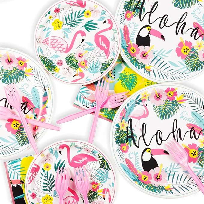 Hawaiian Luau Party Decorations Plates and Napkins Set Flamingo