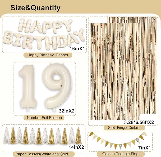 19th Birthday Decorations for Girls Women, White and Gold 19 Boho