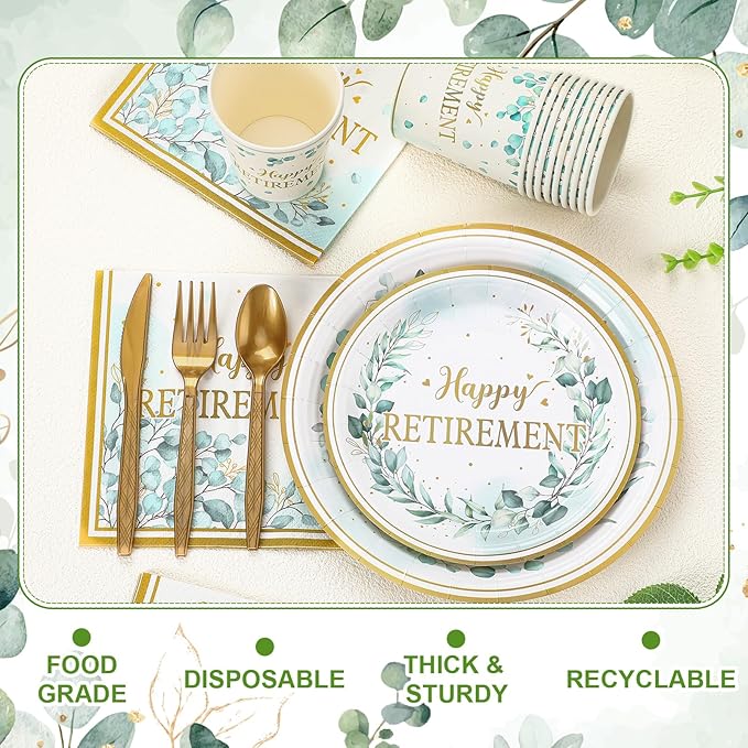 252 Pcs Sage Green Retirement Party Tableware Set Happy Retirement