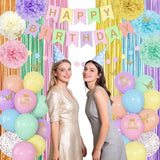 Pastel Birthday Decorations for Women Girls, Rainbow Colorful Printed