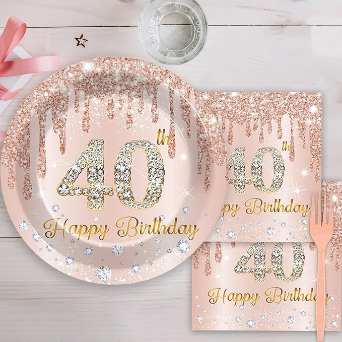 96PCS Rose Gold 40th Birthday Party Paper Plates and Napkins Forty