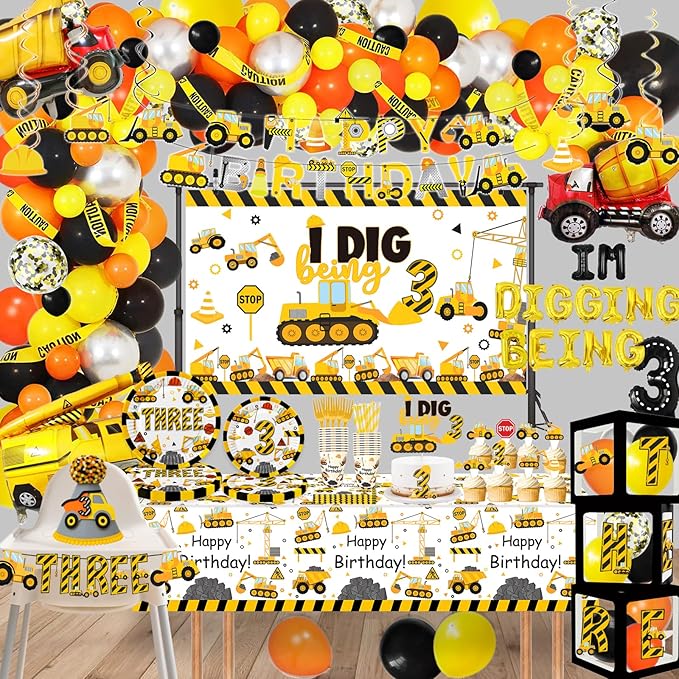 345 Pcs Construction 3rd Birthday Party Supplies Dump Truck Three