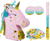 Small Unicorn Pinata Pink Gold with a Blindfold a Bat and Confetti