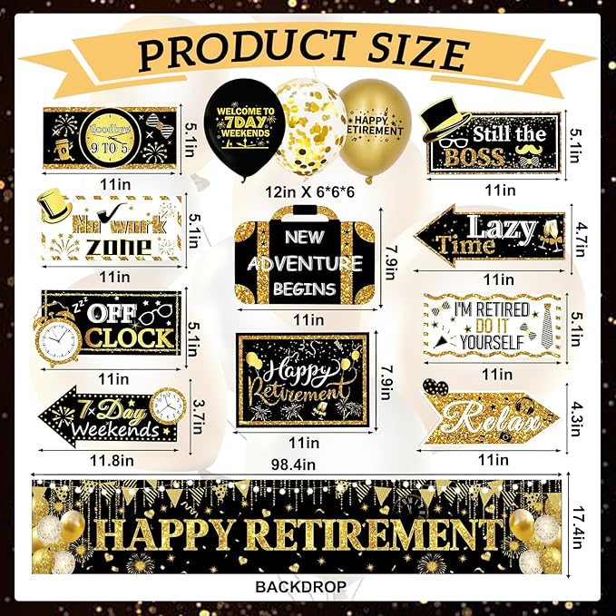 Black Gold Happy Retirement Banner Sign Directional Retired Yard