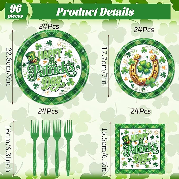 St Patricks Day Plates and Napkins Decorations 96PCS Lucky Green