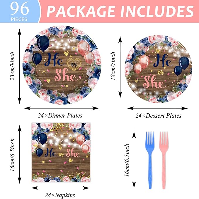 96 Pcs Gender Reveal Party Decorations Supplies He or She Tableware