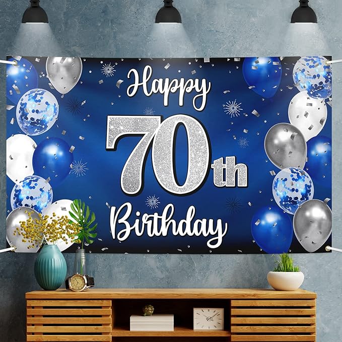 Happy 70th Birthday Decorations 70th Blue & Silver Balloon Large