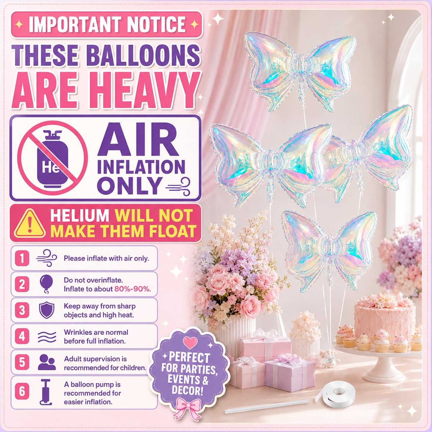 Iridescent Bow Balloons, 4 Pcs Clear Rainbow Holographic Foil Balloons