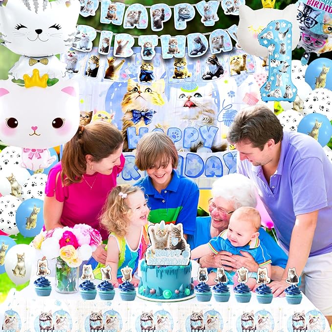 142Pcs Cat Birthday Decorations Cat 1st Birthday Party Supplies Cat
