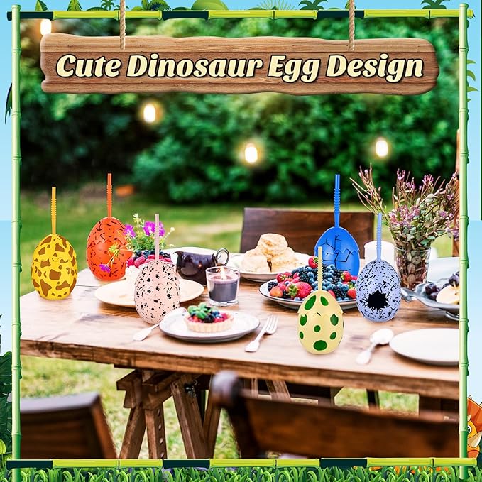 12 Pcs Kids Dinosaur Party Favor Cups with Lids and Straws 10 oz Egg