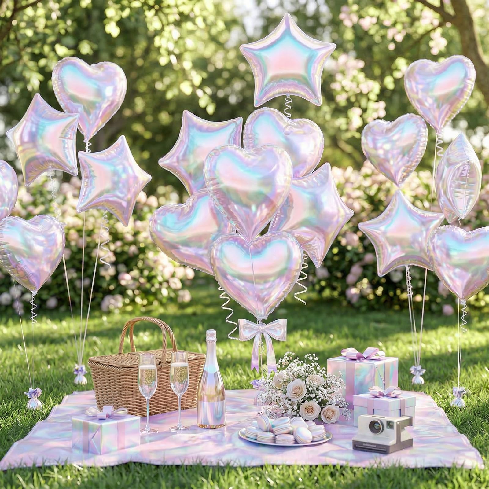 Iridescent Heart Balloons, 12PCS Holographic Clear Star Balloons, 18