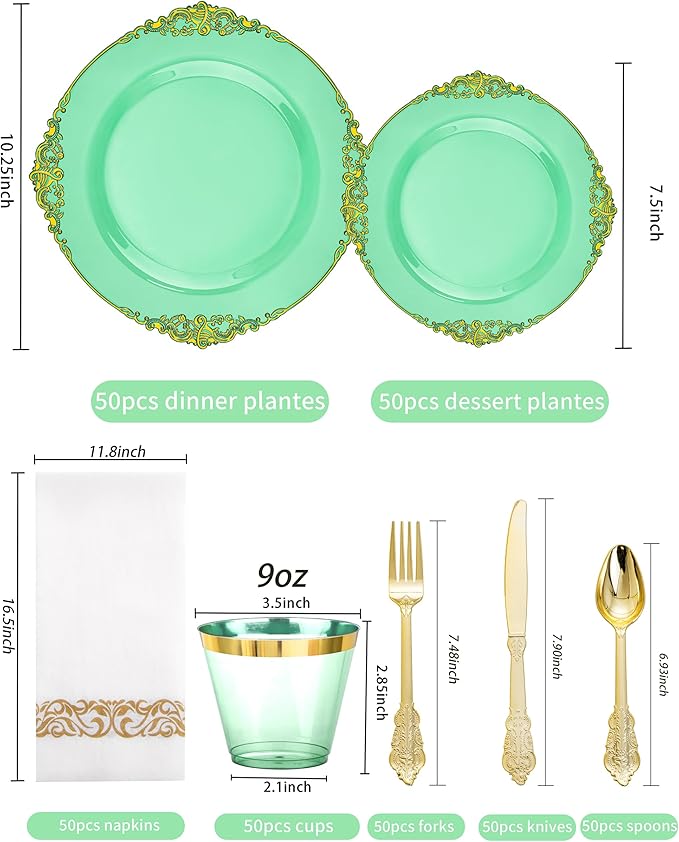 Hioasis 350pcs Green and Gold Plastic Plates - Green Party Plates for