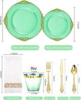 Hioasis 350pcs Green and Gold Plastic Plates - Green Party Plates for