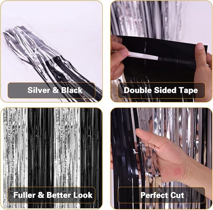 PIGETALE, 2 Pack 3.2 x 8.2 ft Black and Silver Foil Fringe Curtains