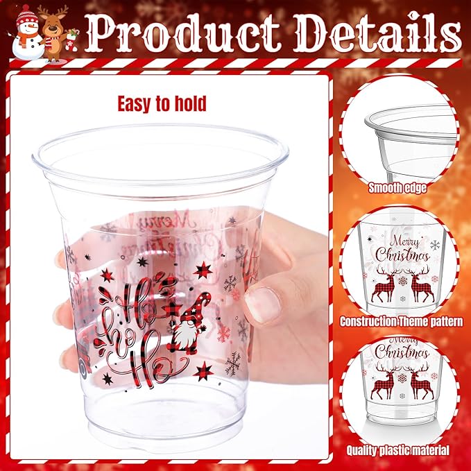 50 Pcs Merry Christmas Buffalo Plaid Plastic Cups 12 oz Clear