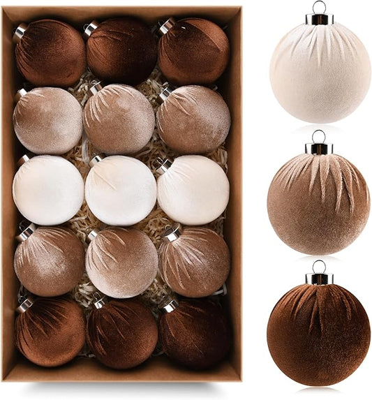 Brown Velvet Christmas Tree Ornaments - 15pcs Shatterproof Christmas