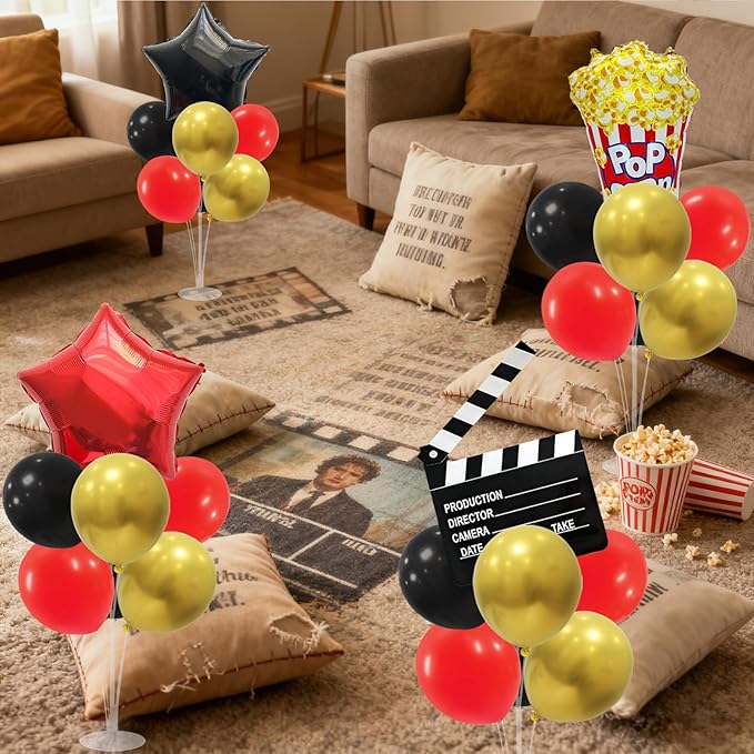 Movie Night Balloon Stand Set Red Gold Black Balloons for Film Party