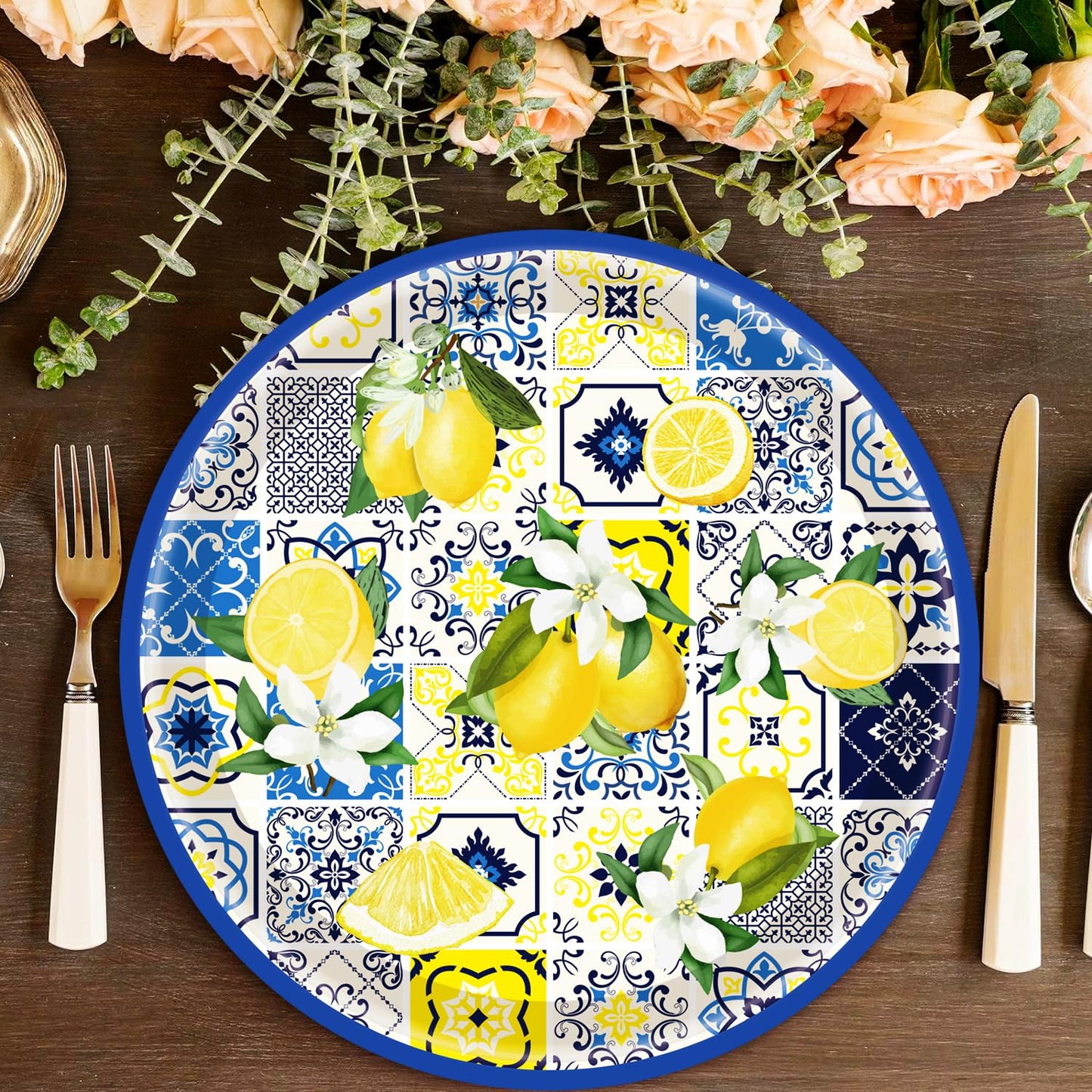 HSPAIDYP 50PCS Lemon Party Supplies7 Capri Lemon Paper Plates Blue