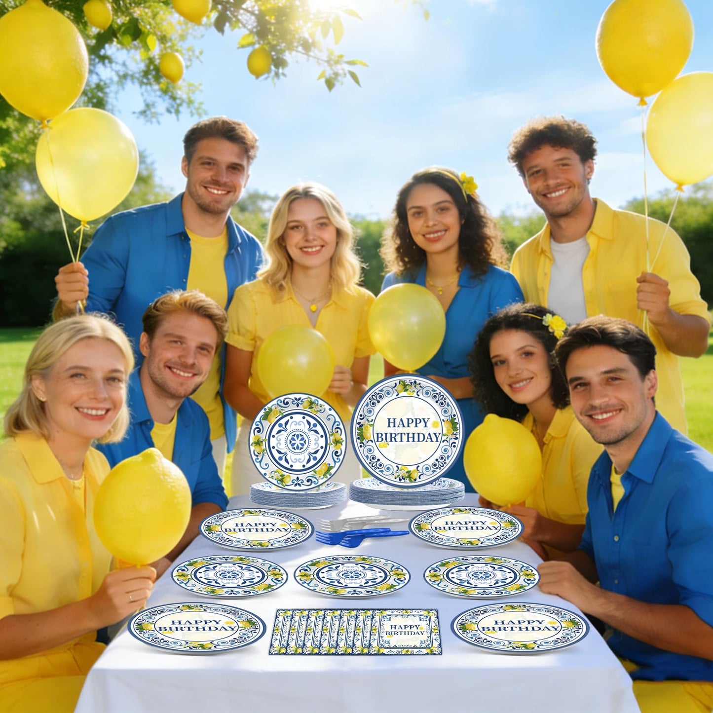 96PCS Lemon Party Paper Plates and Napkins Blue Tiles Yellow Lemon