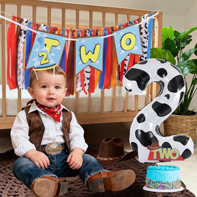 Cartoon Toy Highchair Banner for 2nd Birthday Party Decorations Two