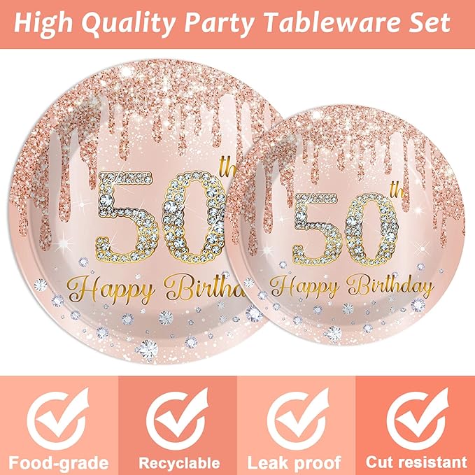 96 Pieces 50th Birthday Tableware Set for Pink Rose Gold 50th