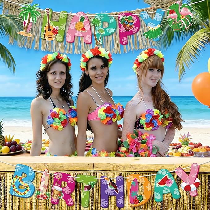 Hawaiian Party Happy Birthday Banner Tropical Luau Birthday Banner