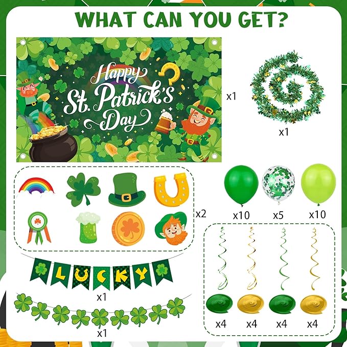 St Patrick's Day Party Decorations Set Backdrop Clover Banner Clover